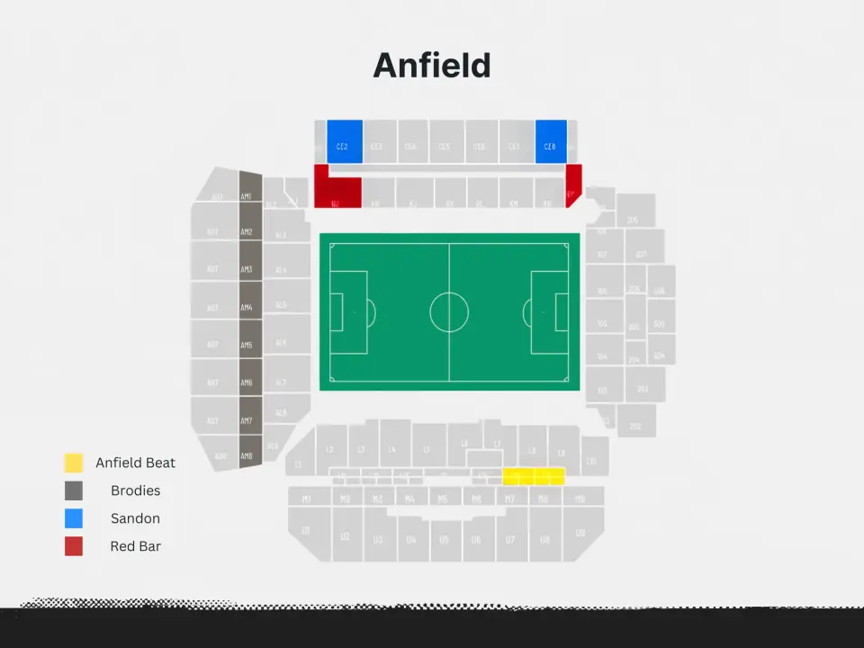 แผนผังที่นั่งที่ครอบคลุมของสนามแอนฟิลด์ แสดงโซนต่างๆ และมุมมองอย่างชัดเจน ช่วยให้แฟนๆ จองที่นั่งในวันแข่งขันที่ต้องการ