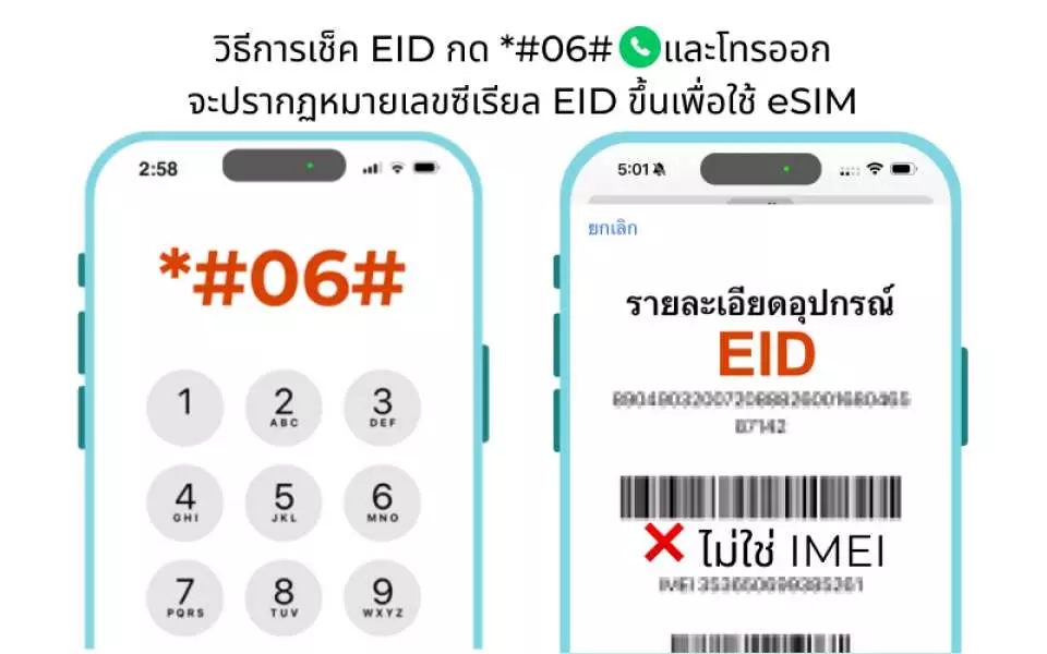 คำแนะนำภาษาไทยสำหรับการตรวจสอบ EID ของโทรศัพท์โดยการกด *#06# เพื่อยืนยันว่ารองรับ eSIM หรือไม่ โดยเน้นย้ำว่าไม่ใช่หมายเลข IMEI