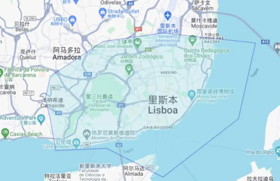 里斯本市区地图概览，标示专车接送服务主要范围，包含里斯本东站至市区饭店，提供清晰便捷的路线指引。