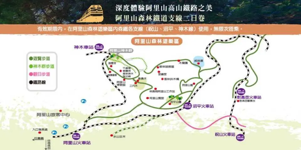 An Alishan Forest Recreation Area map, illustrating various hiking trails, Alishan Forest Railway branches (Zhaoping, Sacred Tree), and famous attractions like Sacred Tree Area and Zhaoping Park.