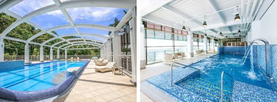 北投ザ・ガイヤホテルの屋外開閉式プールと屋内スパプールの複合写真。多様な水上レジャーとウェルネス体験を提供。