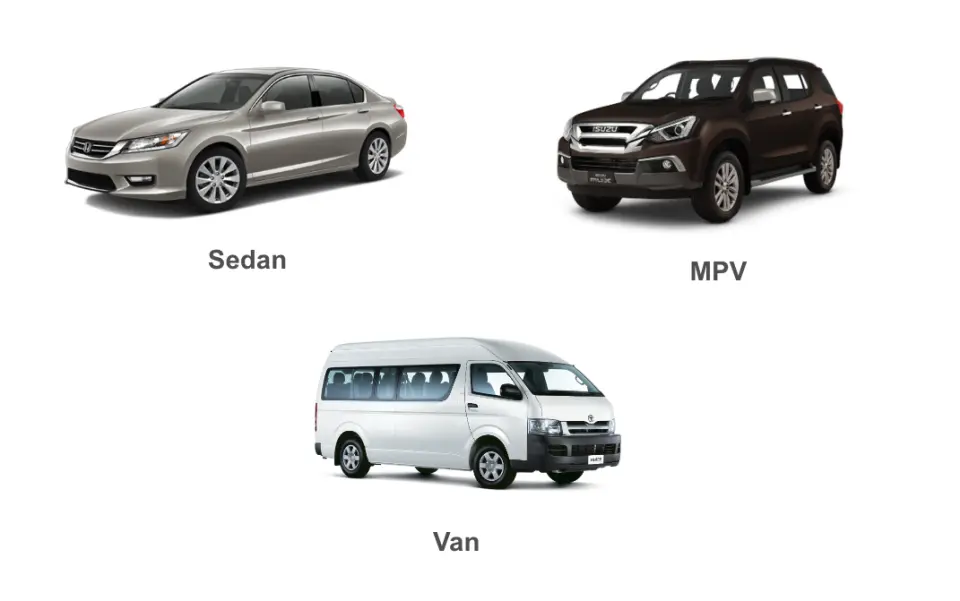 이동 인원에 맞춰 선택할 수 있는 개인 전용 차량 옵션: 편안한 세단, 넓은 MPV, 그리고 대형 승합차의 시각적 이미지입니다.