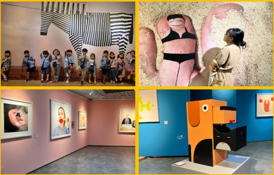 A four-panel collage showcasing the Helga Stentzel Special Exhibition at Aqua Planet Yeosu, featuring children with a striped horse art, interactive displays, gallery paintings, and fun sculptures.