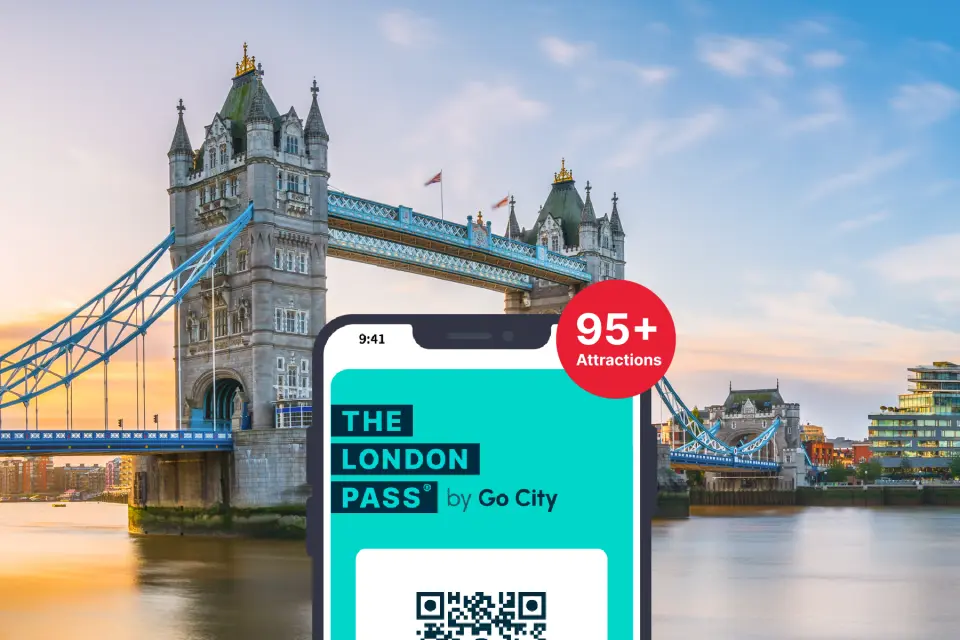 A smartphone displaying the London Pass e-ticket with a QR code, overlaid on a scenic view of London's Tower Bridge at sunset, highlighting access to over 95 attractions.