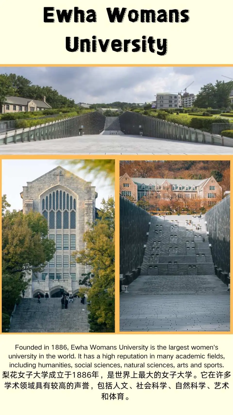 Collage of Ewha Womans University's iconic campus, with its unique 'Campus Valley' architecture and grand staircase, blending modern and classical aesthetics for a memorable visit.