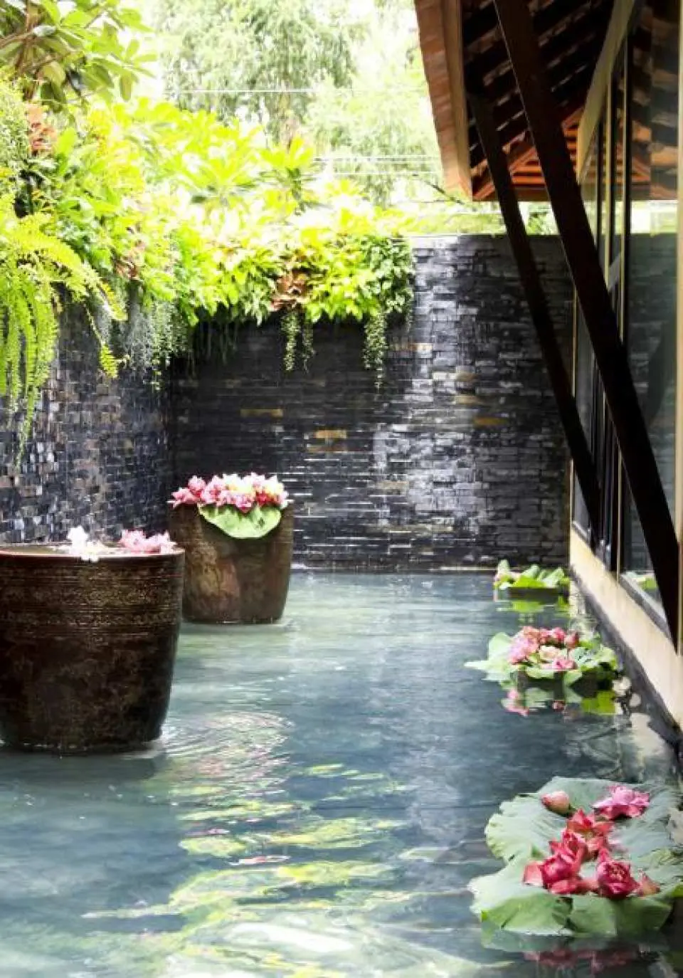 曼谷Divana Scentuara Spa寧靜的戶外水景，池中漂浮著鮮花，四周環繞著茂盛的熱帶植物，營造出自然的療癒氛圍。