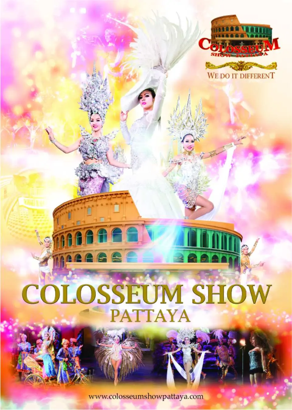 Áp phích quảng cáo Show Colosseum Pattaya, giới thiệu tòa nhà nhà hát tráng lệ, nhiều vũ công ladyboy trong trang phục lộng lẫy và các cảnh biểu diễn hấp dẫn.
