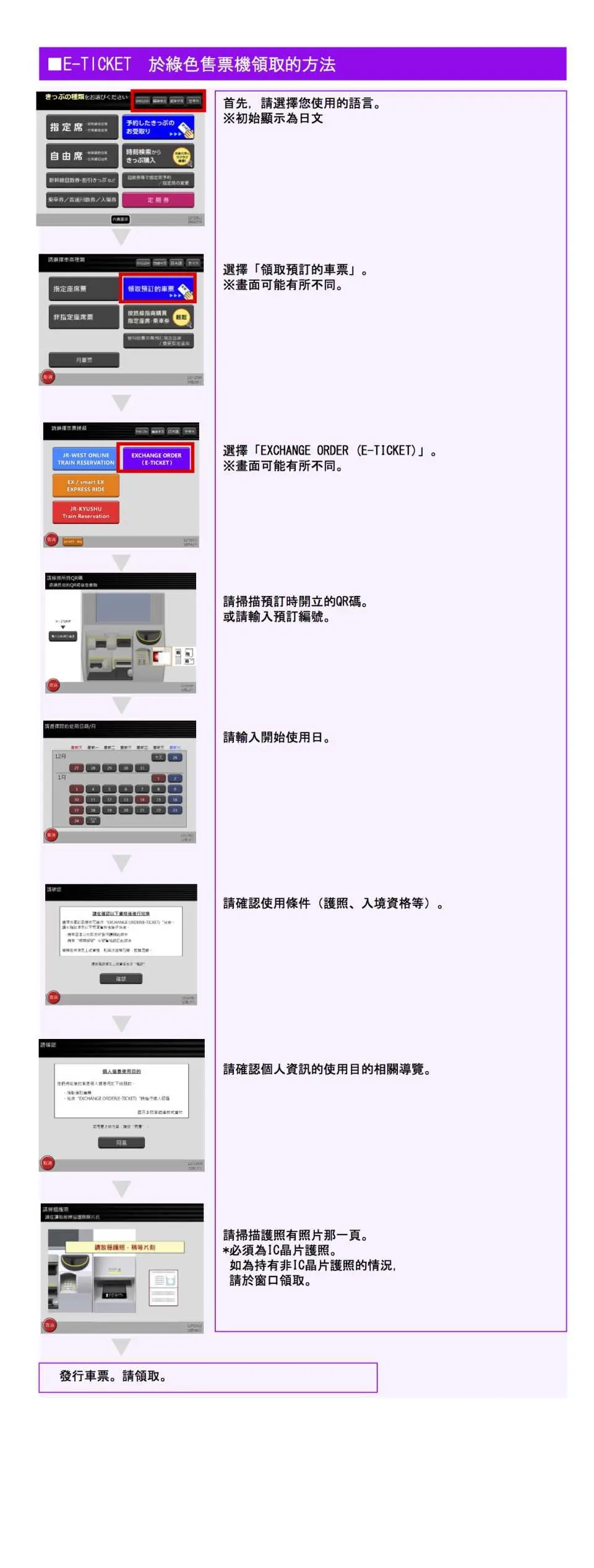 JR Pass電子票eMCO兌換機台操作步驟指引，詳細圖示搭配繁體中文說明，輕鬆自助換票。