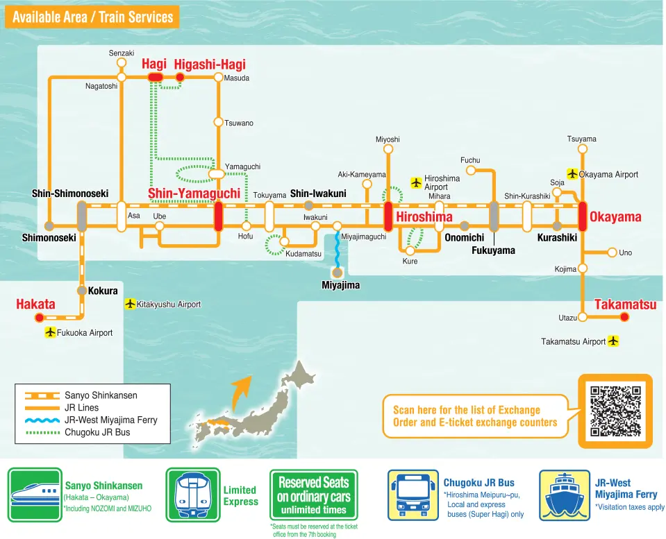 JR PASS Okayama Hiroshima Yamaguchi 5-day pass transport map in English, clearly showing Sanyo Shinkansen, JR lines, and JR Miyajima Ferry routes covering the Okayama, Hiroshima, and Yamaguchi regions.