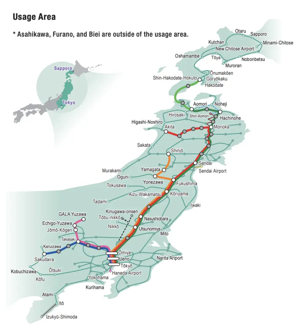 Detailed usage area map for the JR East-South Hokkaido Rail Pass, indicating covered regions and key stations, essential for planning self-guided tours.