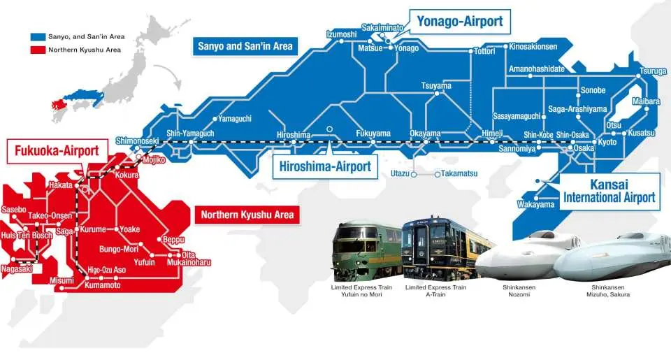 Comprehensive JR Sanyo-San'in Northern Kyushu Pass route map in English, detailing covered regions and available Shinkansen and limited express train lines for exploration.