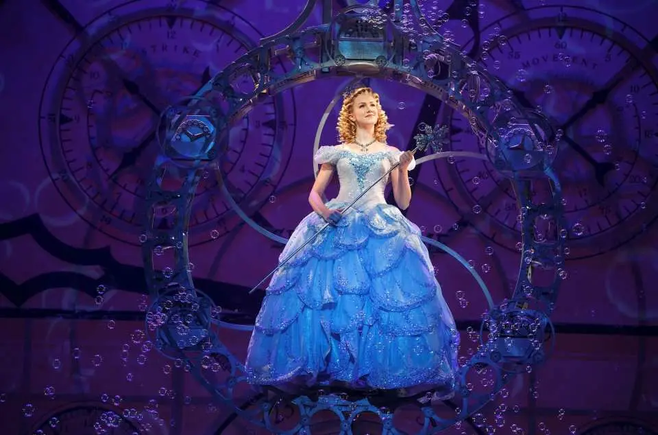 紐約百老匯《Wicked》音樂劇經典場景，格林達穿著藍色禮服坐在透明泡泡中優雅出場，周圍漂浮著泡泡。