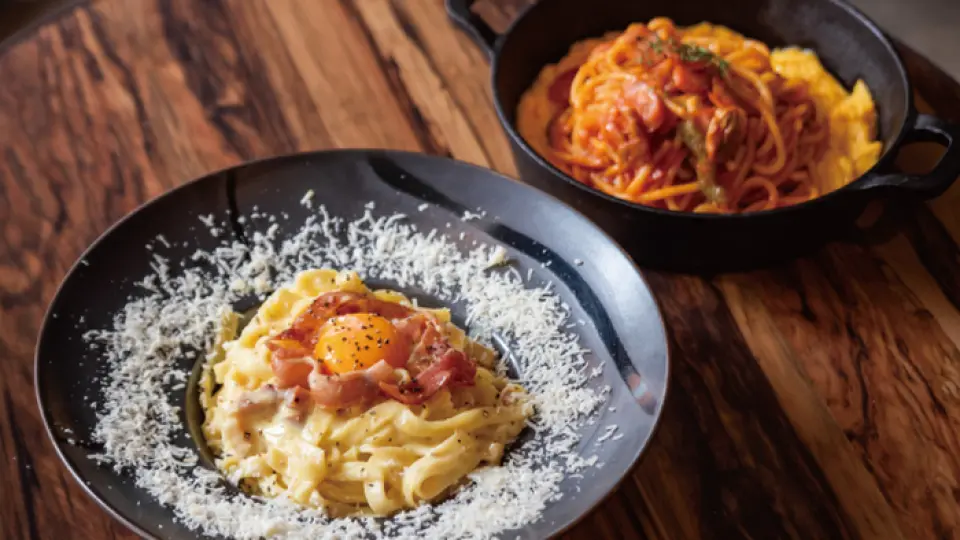"Old-fashioned coffee shop Neapolitan" - Enjoy thick, chewy pasta with tomato sauce and soft scrambled eggs. "Carbonara with Parmesan and crispy bacon" - Authentic pasta made with chewy flat fettuccine, rich carbonara sauce and egg yolk, accented with plenty of Parmesan cheese and black pepper.