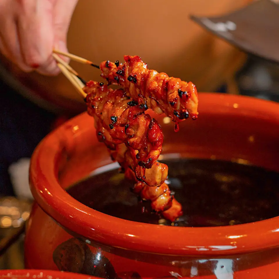「Koteppan」主要供應烤雞肉串。我們使用早上拉出來的新鮮雞肉和最優質的木炭來燒烤精緻的烤雞肉串。我們的烤雞肉串使用的自製秘密醬汁包括經過專業廚師認可的【Anandani醬油】。醬油是使用富山縣產的穴谷嶺水製成的，帶有淡淡的甜味。我不僅用它作為秘密醬汁，還用它作為各種菜餚的秘密配料！