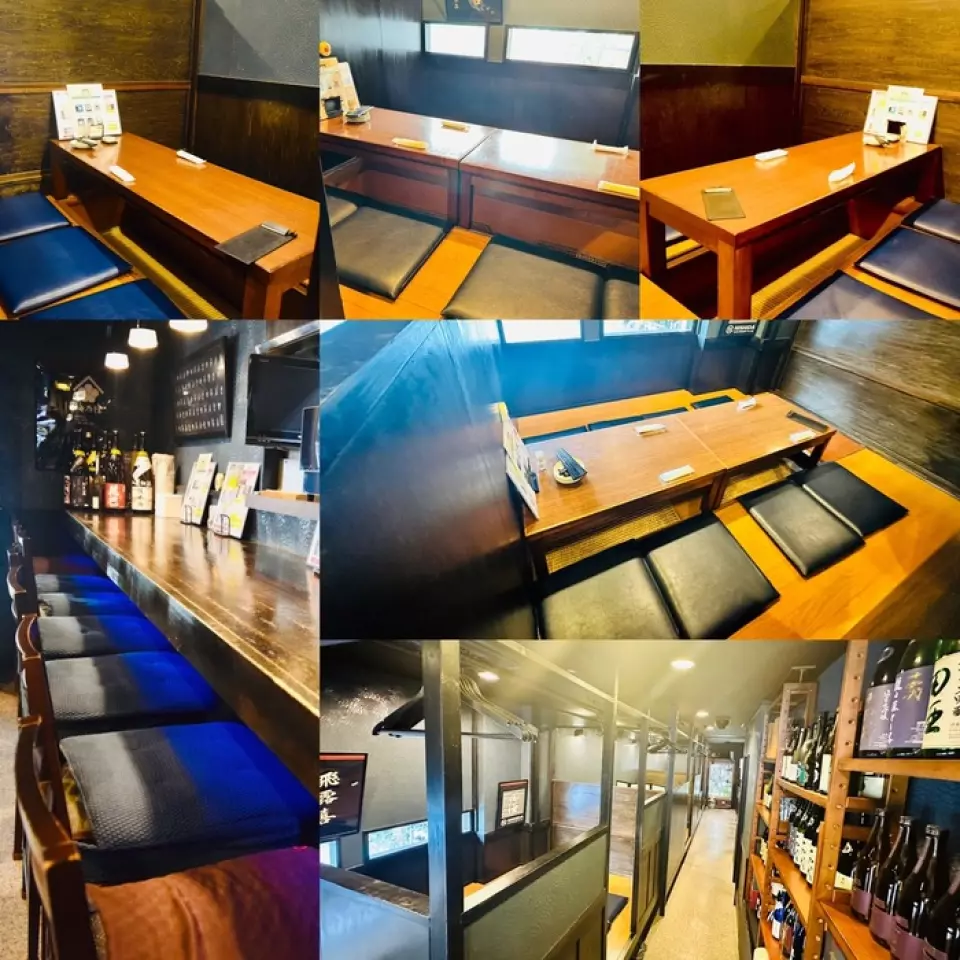 Our restaurant is marked by a red noren curtain with a picture of a sake bottle. You can enjoy delicious food and sake in a relaxed atmosphere. We have counter seats and sunken kotatsu seats. It is perfect for a variety of occasions, from solo diners to friends and various banquets. One of the attractions of the restaurant is that it is surrounded by sake from the entrance and corridors. Learn about, enjoy and surround yourself with sake, in your own style. It is also convenient for gatherings, as it is a 3-minute walk from both Kintetsu Shintanabe Station and JR Kyotanabe Station.