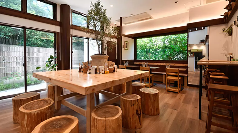 The interior of the restaurant is based on the theme of "nature," and has a warm design based on wood and greenery. The open and bright space is perfect for a casual meal where you can casually enjoy a hamburger. There are two types of seats, counter seats and tables, which are set up around the tree, and the chairs are made of logs. It's great for families with children, or for lunch with close friends! It's easily accessible, about a 5-minute walk from Kamakura Station. Please feel free to drop by.