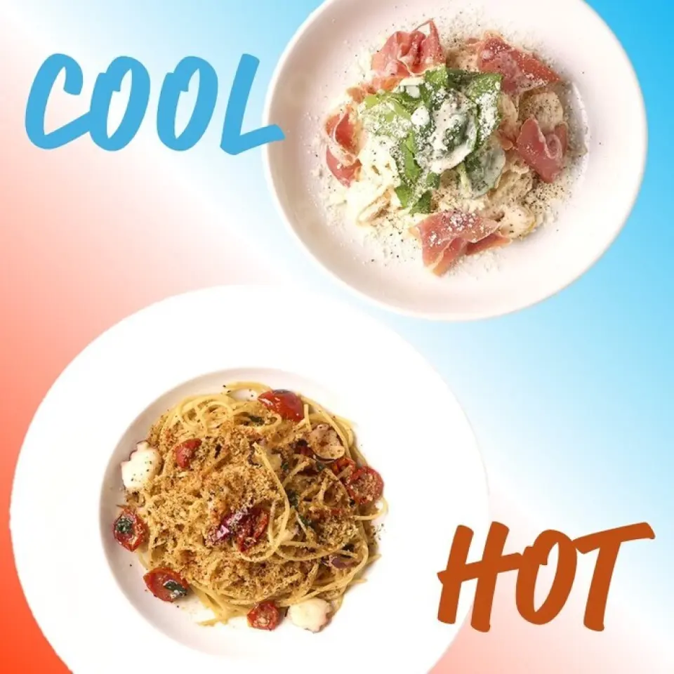 This season we have two types of pasta. A creamy cold pasta with mango and prosciutto. A spicy oil-based pasta with octopus. Available until August 31st.
