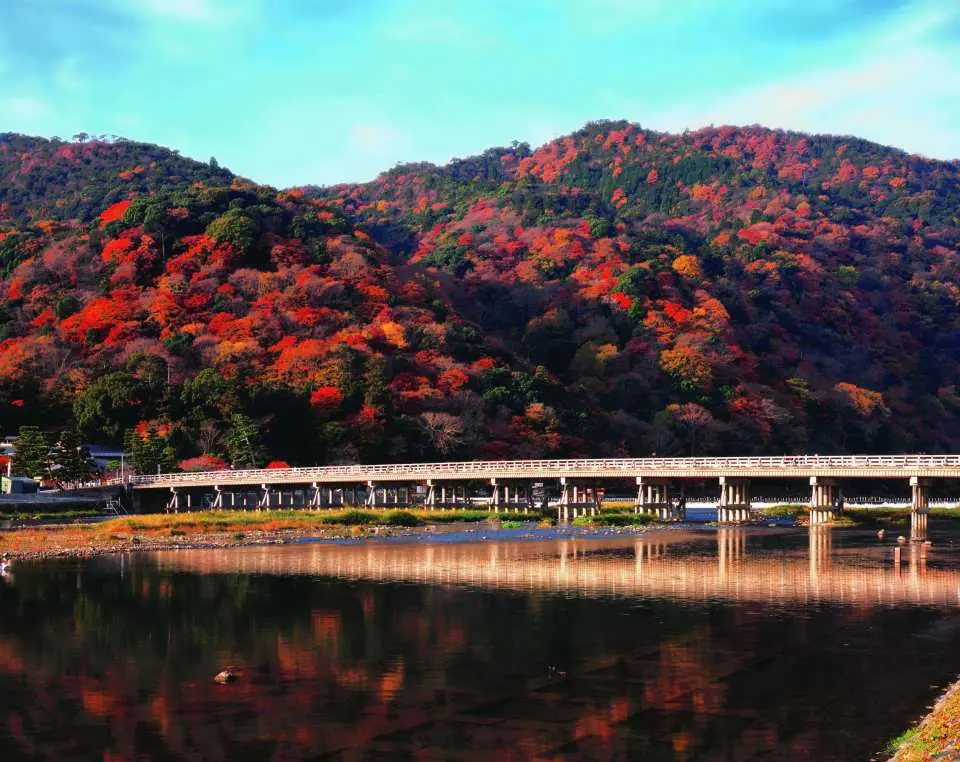 京都嵐山渡月橋橫跨桂川，背景山巒覆蓋著火紅楓葉，展現關西秋季絕美風光。