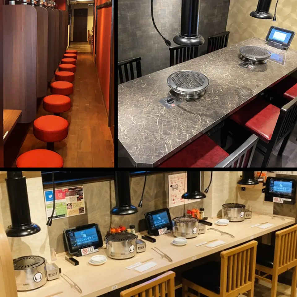 There are counter seats (9 seats) for single diners, and adjustable table seats (13 seats) with removable partitions depending on the number of people, each equipped with their own dedicated grill. Whether you are alone or in a group, you can easily enjoy authentic yakiniku. The special private rooms (10% of the private room fee) available for 3 to 6 people are recommended for business dinners and entertaining.