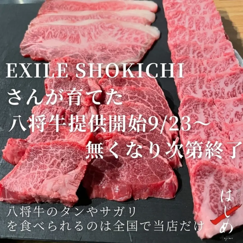 本店的特產知床牛肉是在北海道網走郡大空町東藻琴的金台大橋農場飼養的。 EXILESHOKICHI 是在大橋農場飼養的純種但馬血統野牛牛。八政的名字源自於他的真名「八木正吉」中的「八」和「將軍」。本店是日本唯一可以品嚐到野燒牛舌和sagari的餐廳。