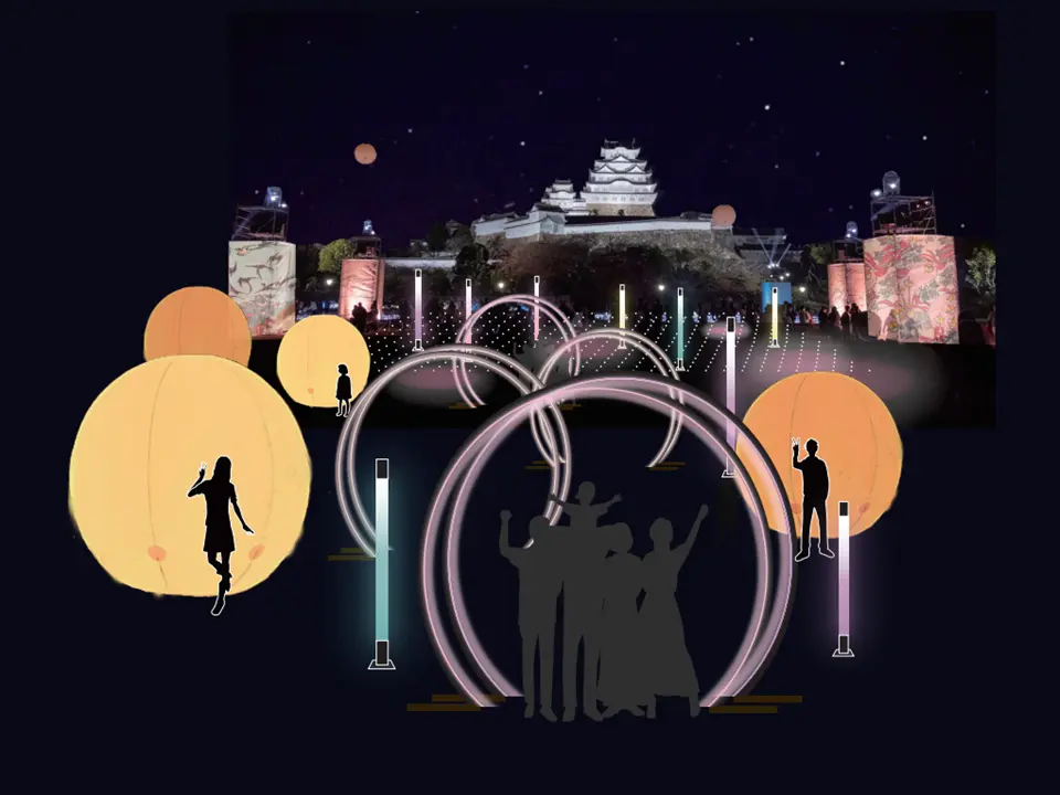 "Getsurin Garden" - A gate of light, balloon lanterns, and colorful lanterns are set up at the entrance to the venue, creating an atmosphere that makes you feel as if you have time-warped to another world. The gate of light is modeled after a moon ring, and the colorful lanterns and balloon lanterns create a fantastical atmosphere that captivates visitors.