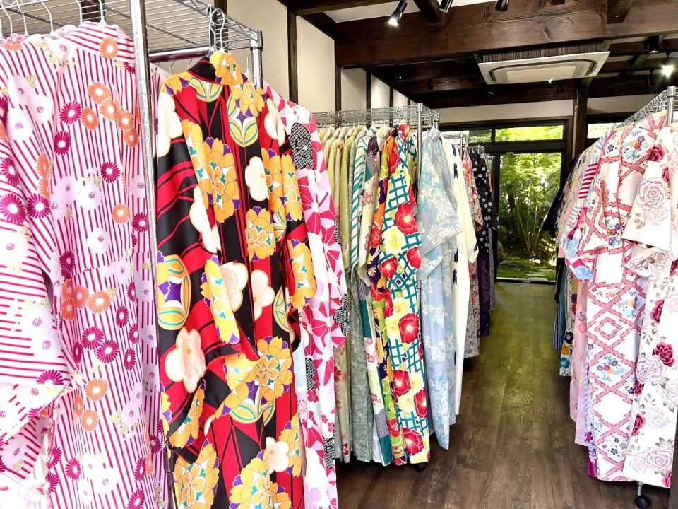 Inside the store: There are many kimonos and accessories lined up inside the store. They have a wide selection of kimonos for both men and women.