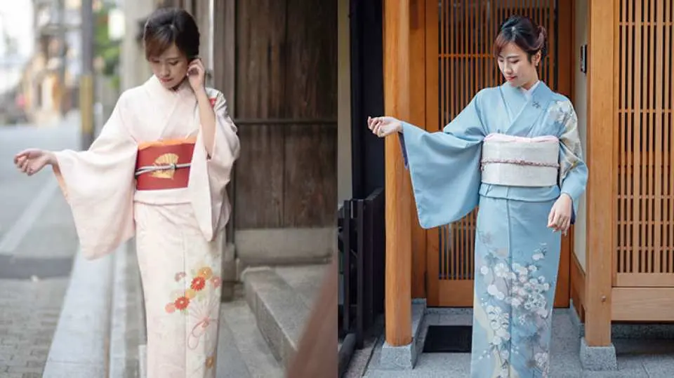 東京淺草和服浴衣租借，兩位女士穿著優雅的淺粉色與天藍色花紋和服，搭配對比色腰帶，在傳統街景中展現溫婉氣質。