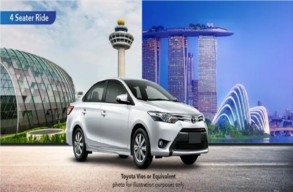 Singapore Changi Airport to city 4-seater sedan transfer service, with Changi Airport and Singapore skyline in the background, offering a comfortable and convenient private door-to-door journey.