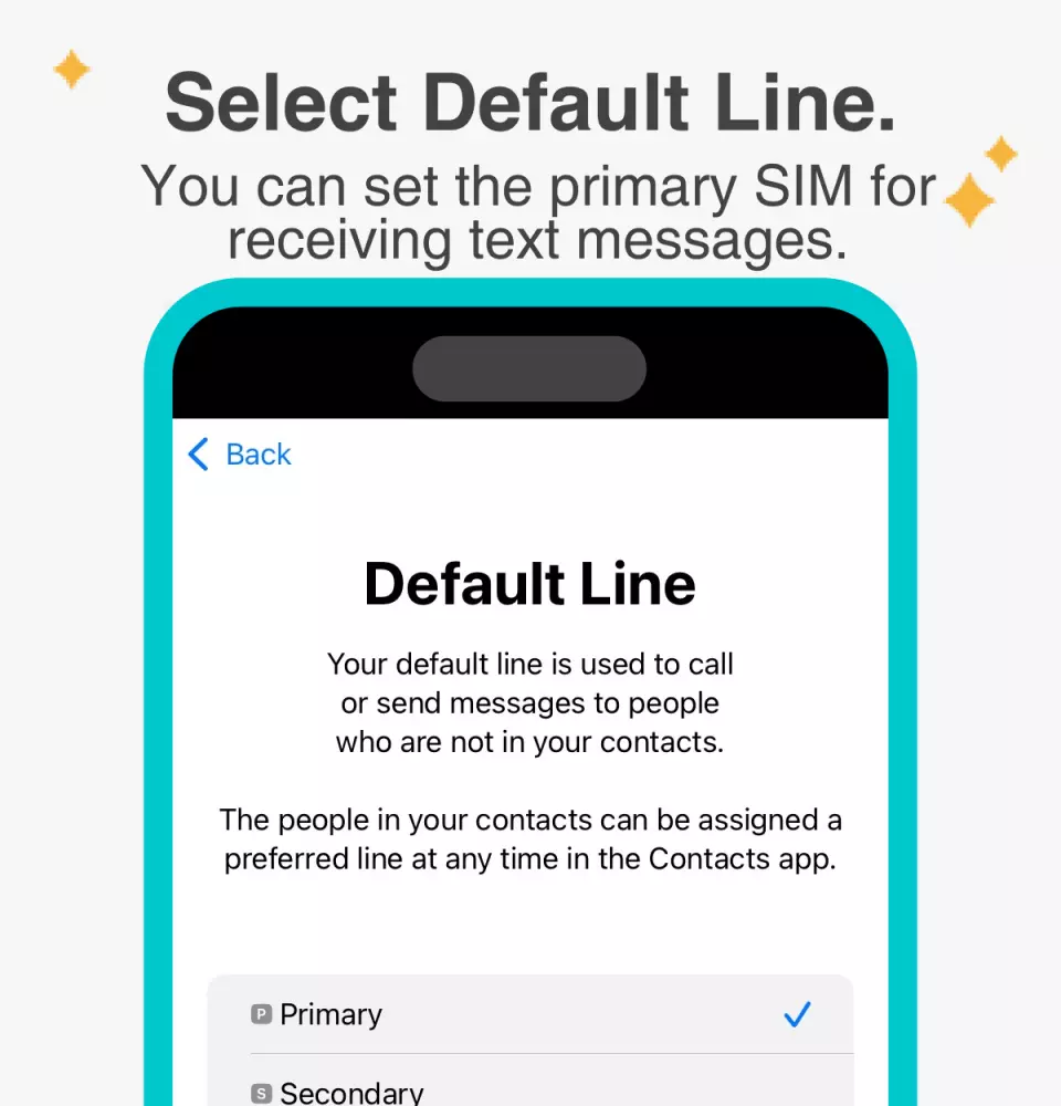 English phone settings screen guiding users to select the Hong Kong eSIM as the default line, ensuring smooth reception of all text messages and calls.