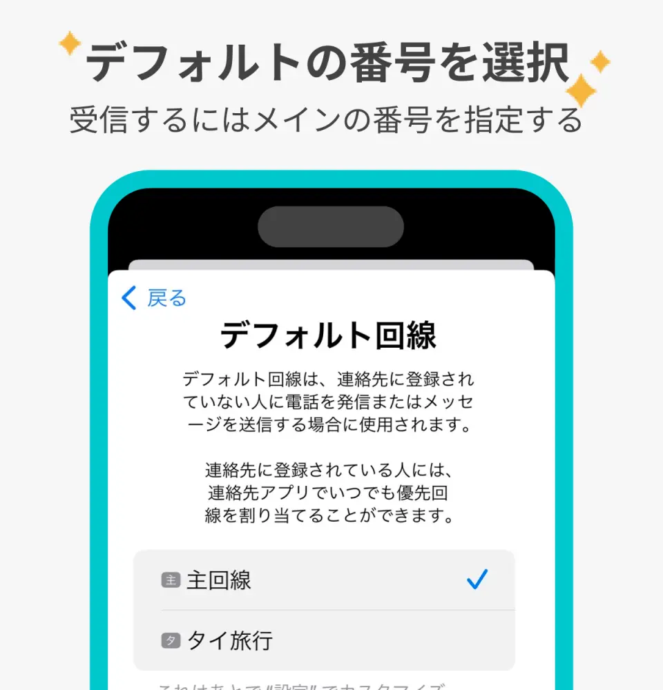 日本語のスマートフォンの画面で、旅行中の重要な通話やメッセージの受信を確実にするために、香港eSIMをデフォルトの番号として設定する方法を示しています。