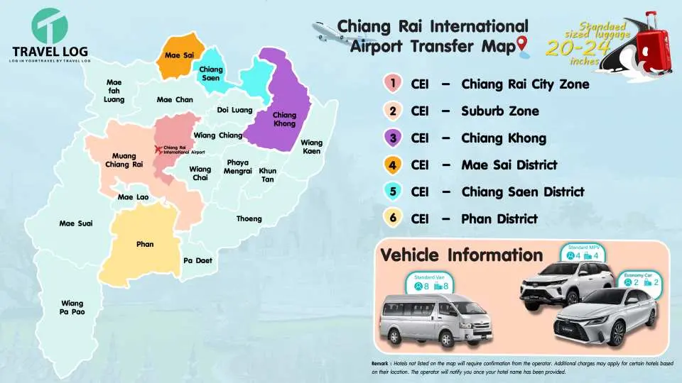 Chiang Rai Airport transfer service map, showing service areas, vehicle options, and luggage size guidelines for easy planning.