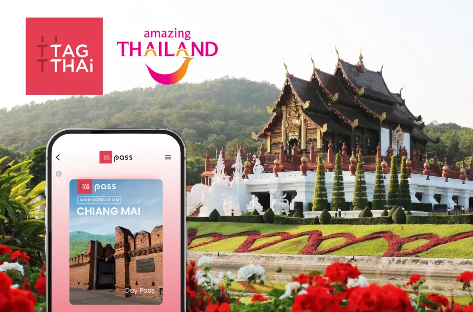 Chiang Mai Day Pass mobile app interface with a majestic Thai temple and garden in the background, showcasing the convenience of exploring key attractions with the TAGTHAi pass.