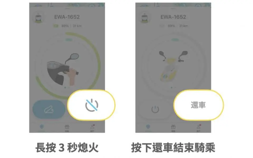 接著操作 APP 將車子熄火後還車，並進行還車拍照。記得把車牌、停車格線都拍進去！