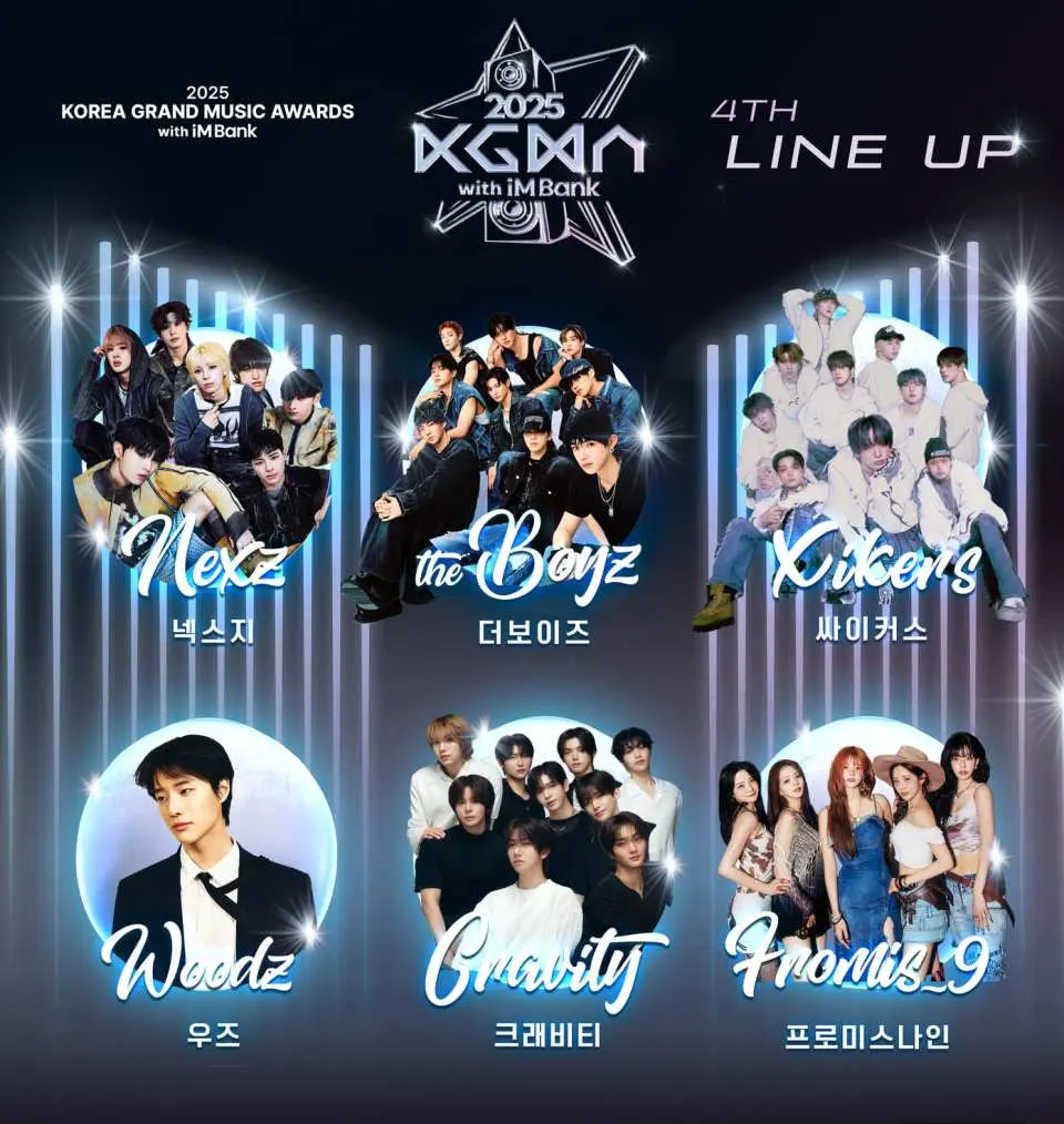 2025 KGMA K-POP Awards 4th line-up poster featuring popular artists like Nexz, The Boyz, Kikers, Woodz, Cravery, and Fromis_9, adding more excitement to the star-studded K-POP festival in Incheon.