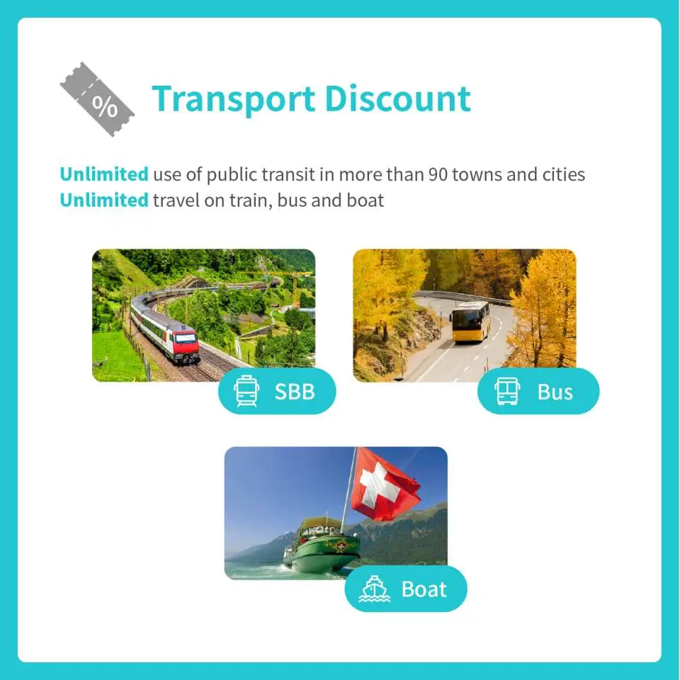 Swiss Travel Pass benefit visuals: enjoy unlimited travel across Switzerland on SBB trains, buses, and scenic boats in over 90 cities with this all-in-one transport discount pass