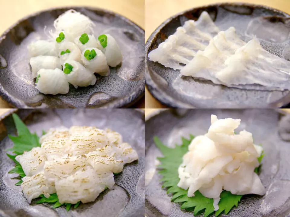 We offer four types of conger eel sashimi. You can fully enjoy the chewy texture of the [Sashimi], the semi-raw [Yujime] that is dipped in hot water and is characterized by its fresh texture and flavor, the [Yakismo] that is seared on the surface and has a fragrant sizzling finish, and the [Usuzukuri] that has a pleasantly crisp texture and goes well with sake. Please give it a try.