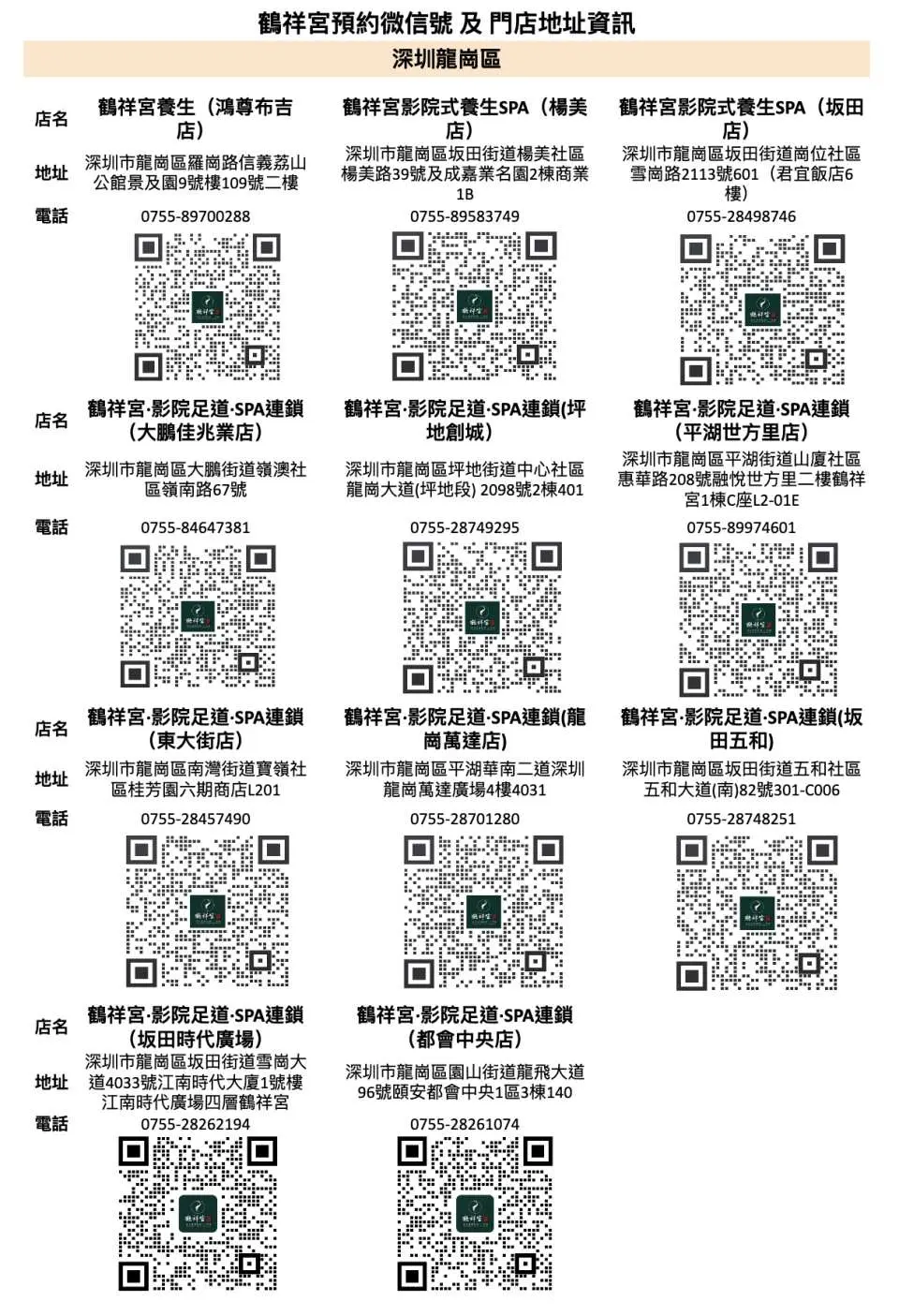 [Longgang District, Shenzhen City] Each store information and reservation QR code