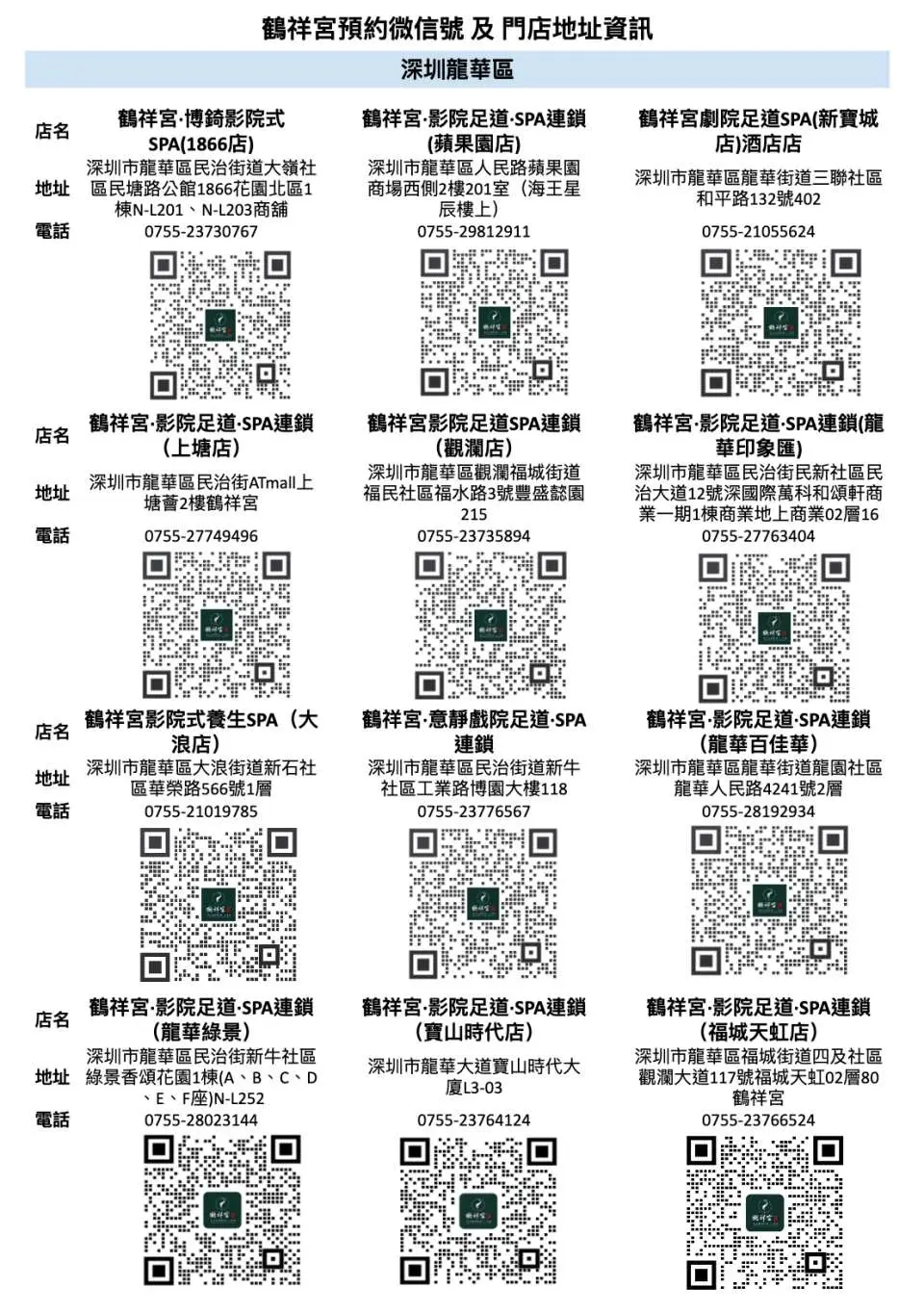 [Longhua District, Shenzhen City] Each store information and reservation QR code