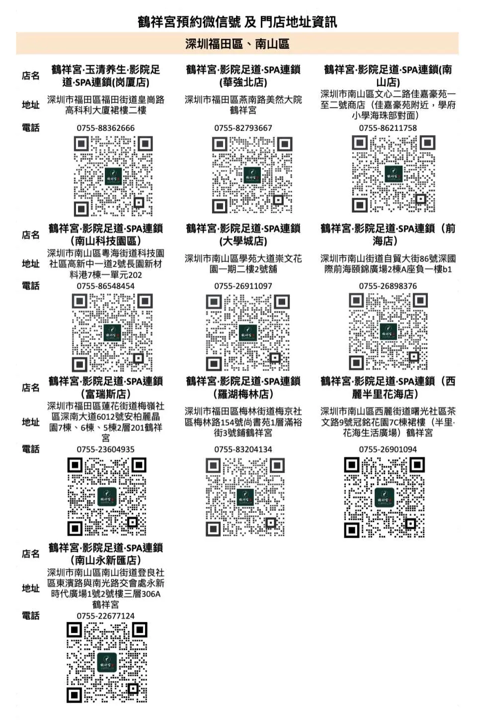 [Futian District, Nanshan District, Shenzhen City] Each store information and reservation QR code