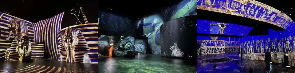 ソウル光の劇場「エジプトファラオ」展示会の超広角写真。黄金のファラオマスク、水中の遺跡、夜空の太陽の船など、多様なテーマが展示されています。