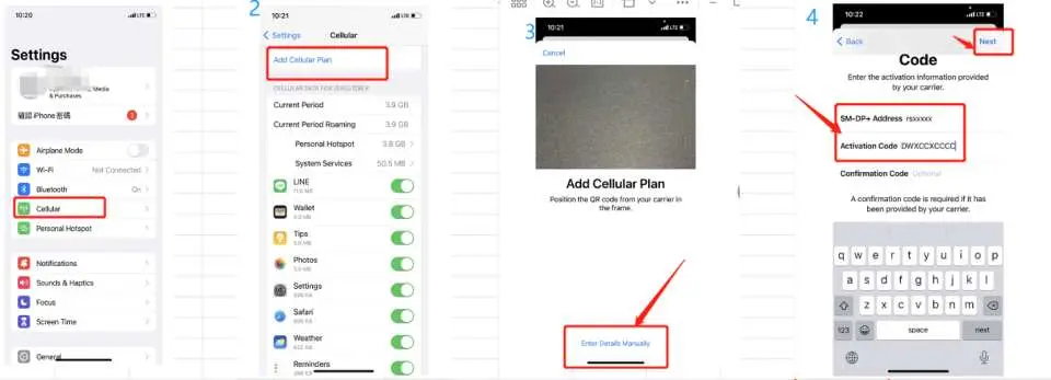 iPhone画面に英語でeSIMのインストール手順が表示されています。データプランの追加とQRコードスキャンによるネットワーク有効化のプロセスです。