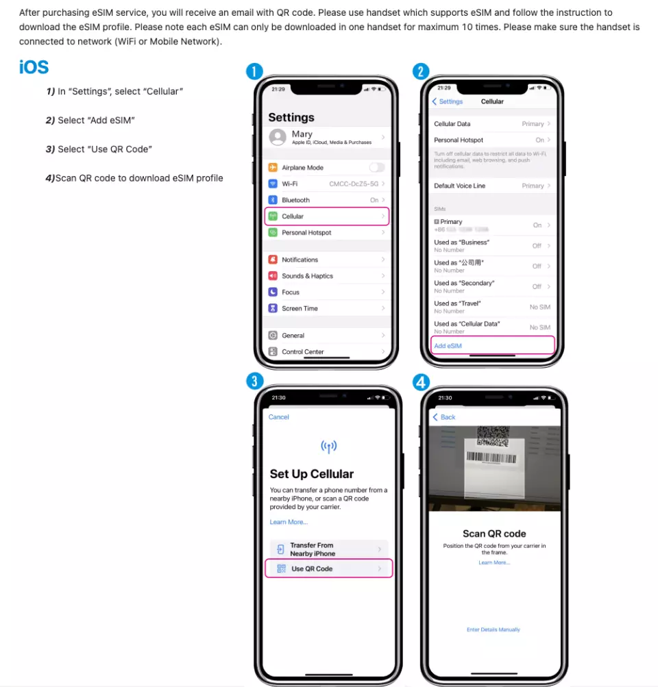 eSIM installation instructions (ios)
