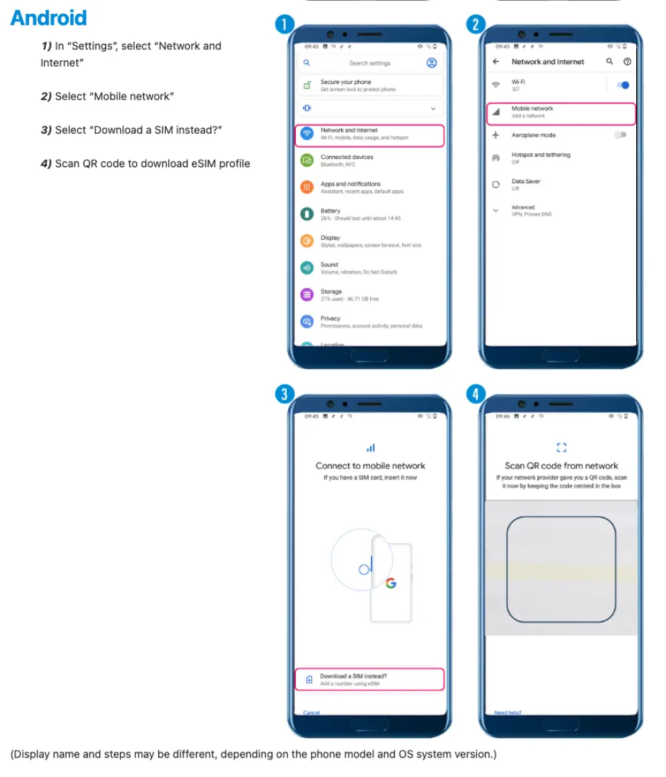 英語版Android携帯eSIM設定チュートリアル。QRコードを介して迅速なアクティベーションを行い、中国・日本・韓国を快適に旅行する方法を案内します。