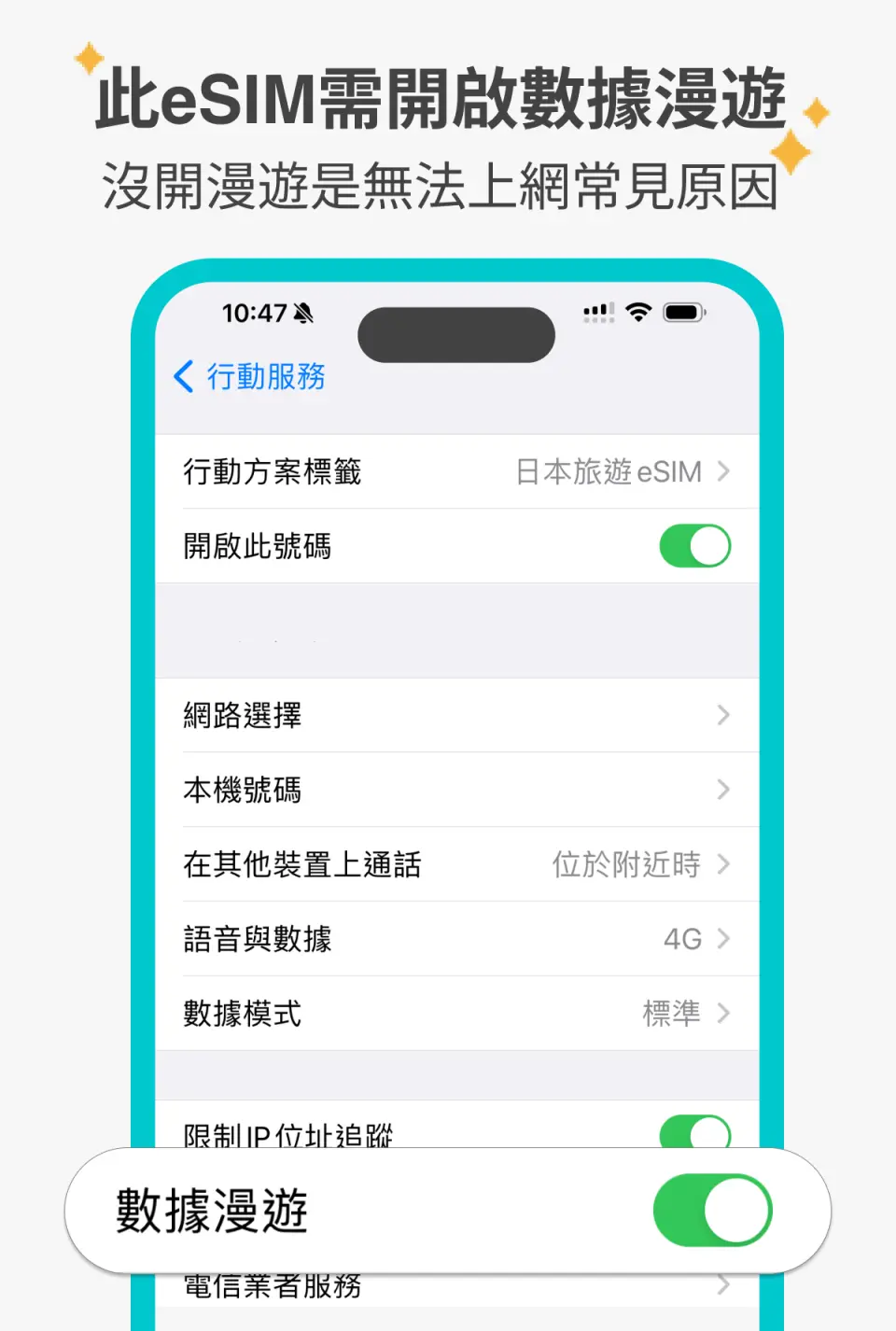 手机设置画面教学，清晰展示如何开启KKday新加坡、马来西亚eSIM卡的数据漫游功能，解决上网问题。