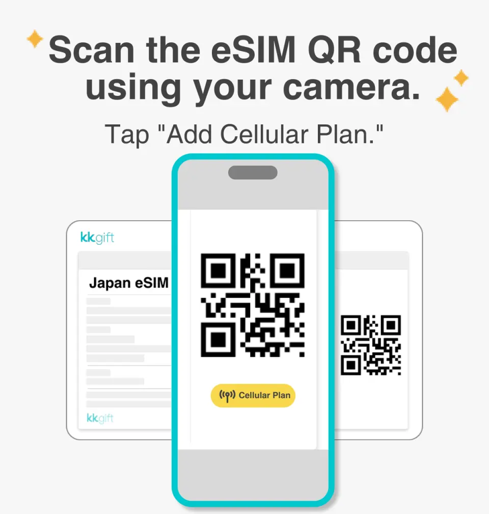 Phone screen demonstrating scanning an eSIM QR code with a camera and tapping 'Add Cellular Plan' for easy activation of China Macau eSIM.