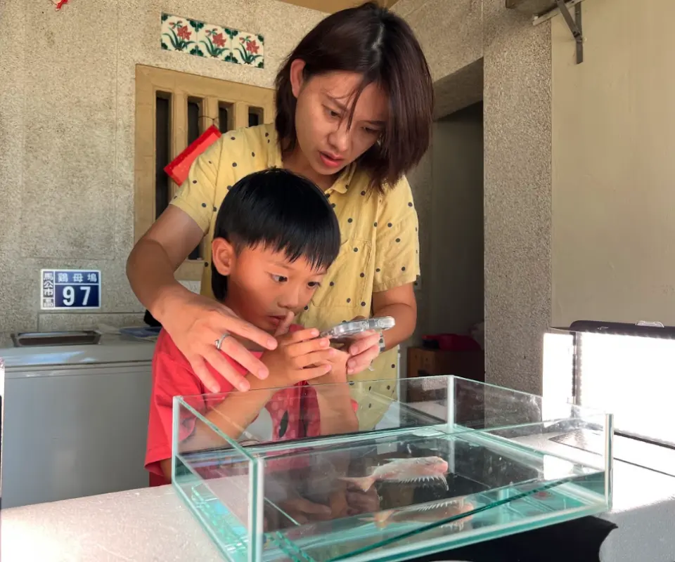 澎湖魚標本製作課程中，親子使用專業水拍設備為魚隻攝影，留下最生動的魚類瞬間。
