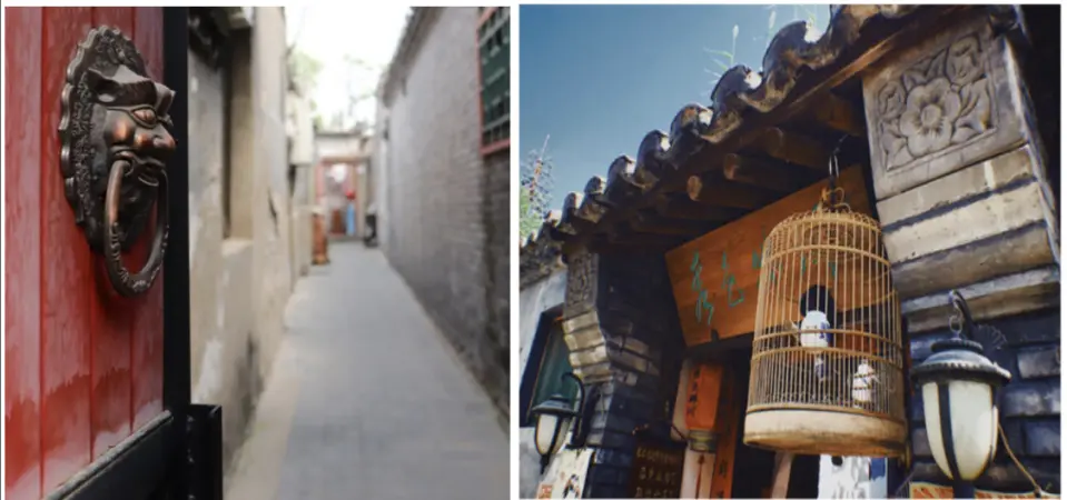 北京胡同风情双拼图：左为红门上狮头门环与幽深巷道，右为传统屋檐下精致鸟笼，展现老北京独特生活文化。