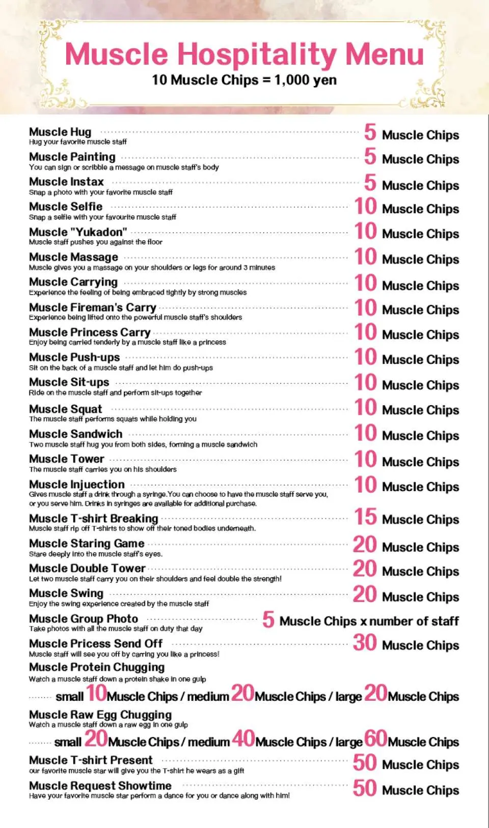 Muscle Hospitality Menu. 10 Muscle $ chips are included in the price.