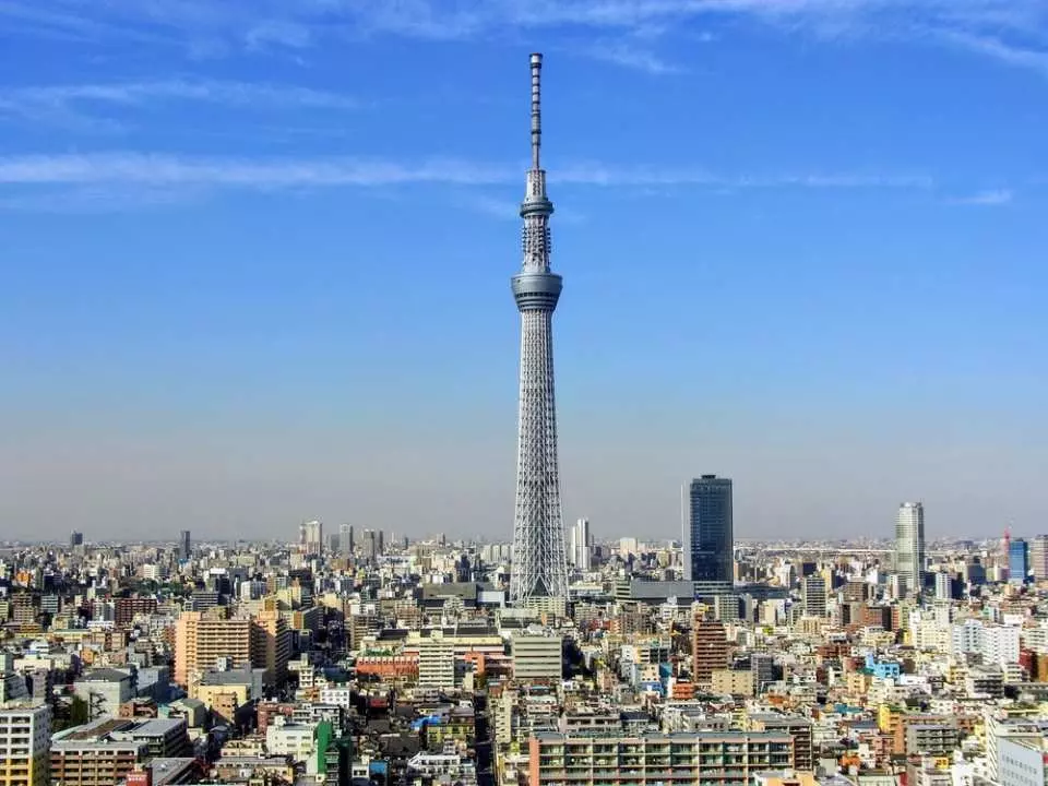 Tokyo Skytree soaring, offering panoramic views of the vast cityscape, showcasing its grandeur as the world's tallest broadcast tower under a clear blue sky.