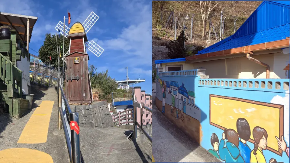 Distinctive windmill structure and vivid murals in Nongoldam-gil Goblin Mural Village, showcasing the artistic ambiance of this Korean coastal town.
